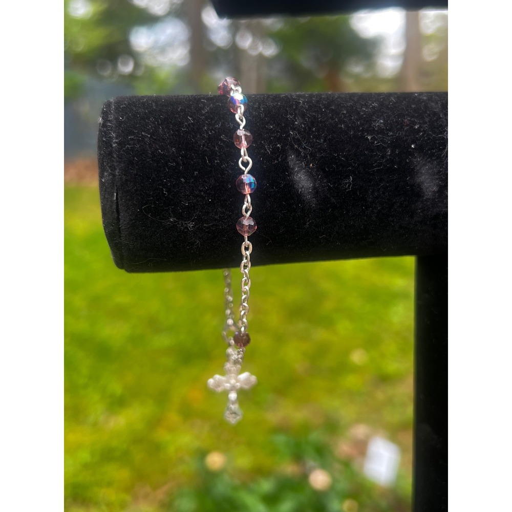 Vtg Religious Purple AB Glass Bead Rosary Bracelet Silver‎ Tone Crucifix Charm